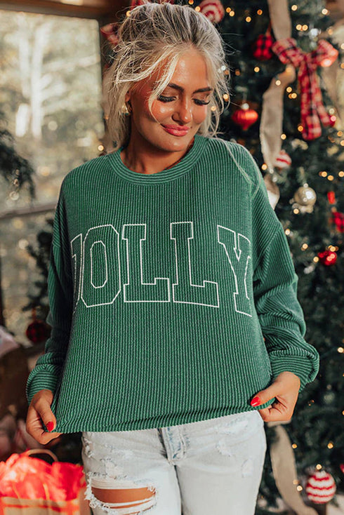 Corded Rib Outline MERRY Letter Drop Shoulder Crewneck Long Sleeve Top